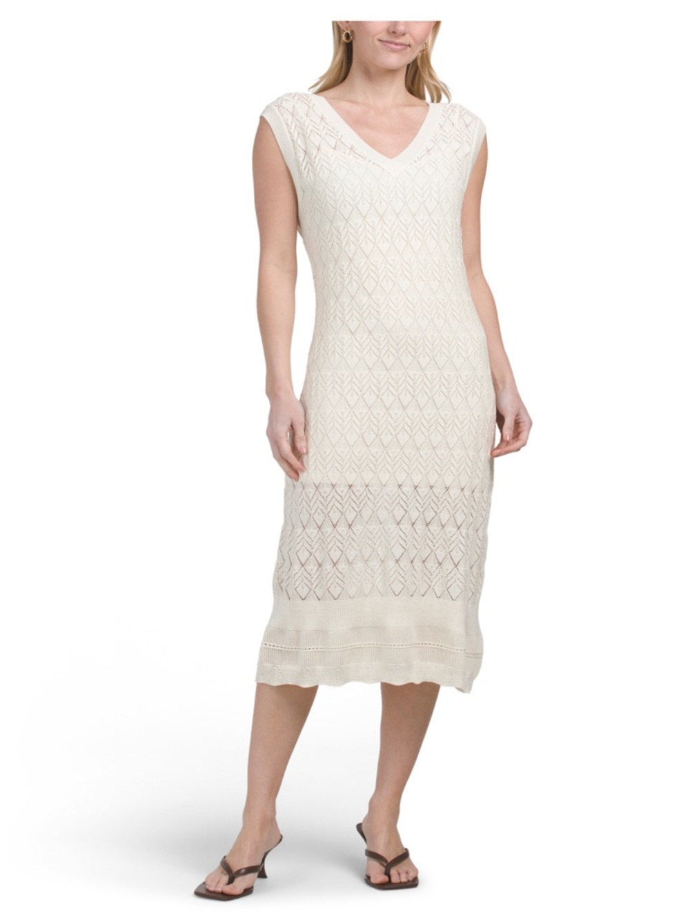 Super Natural By Secret Mission Cream Knit Crochet Midi Dress V-Neck Euro Summer